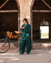 Green Farshi Set | Elegant Cotton Short Shirt with Farshi Shalwar by Rehwar