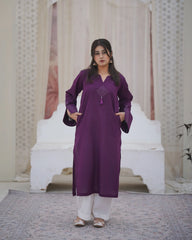 Plum Khaddar Embroidered Suit with Straight Pants