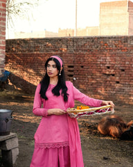 Tea Pink Cotton Short Shirt Set with Flared Palazzo