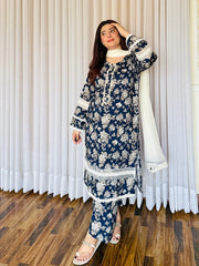 3-Piece Cambric Linan Stitched Dress - 059