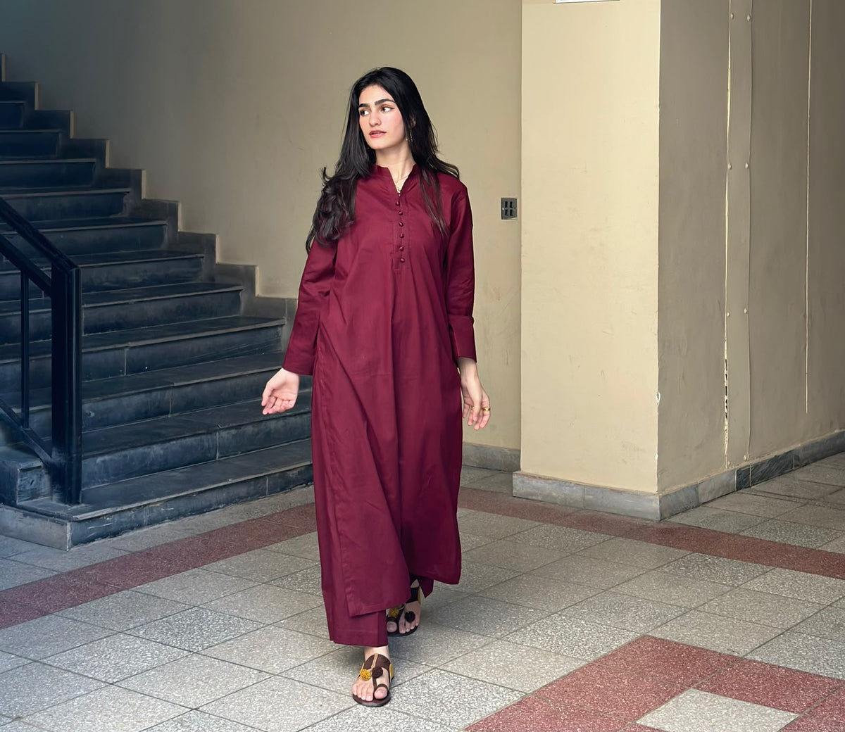 Cotton Lawn-Maroon Classic Coord Set.