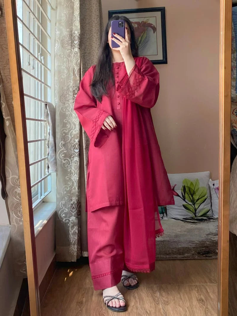 3 Piece Lawn Dress with Farshi Shalwar – Printed Stitched Lawn Suit for Women