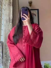 3 Piece Lawn Dress with Farshi Shalwar – Printed Stitched Lawn Suit for Women